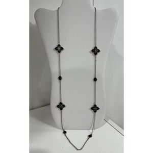 Long Station Necklace Black Clover Flower Druzy Pendant‎ Chain Women's